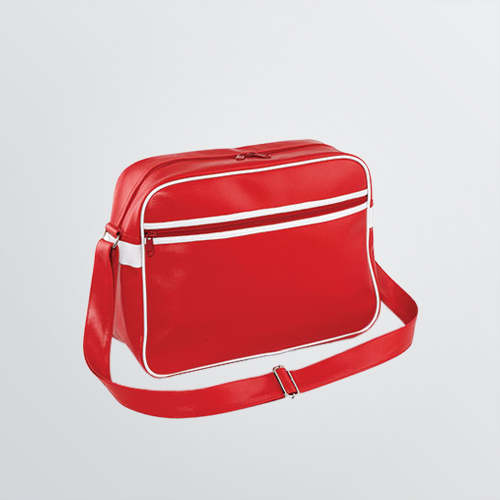 customisable messengerbag in red colour example with white edging and shoulder strap