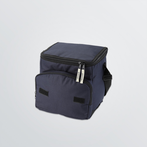 printable Ice Coolingbag in dark blue colour example with shoulder strap - side view