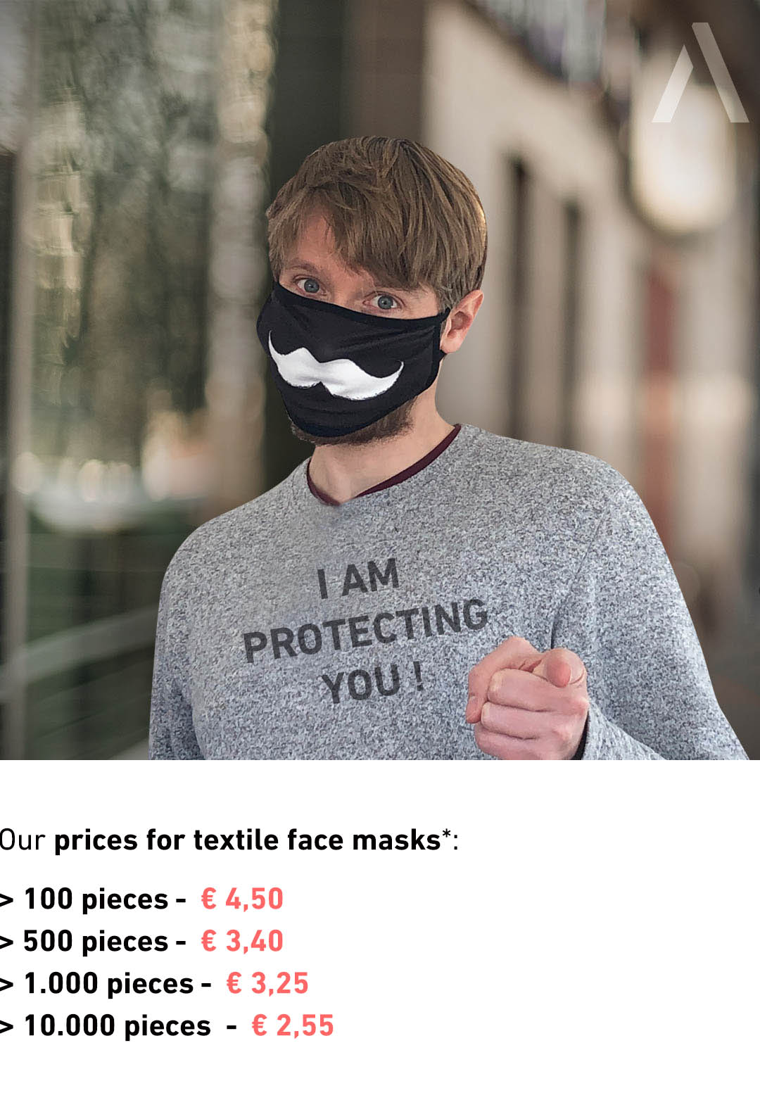 Picture of face mask with mustache symbol worn by male model