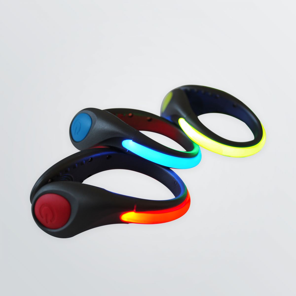 LED-Schuhclips mit Leuchteffekt in den Farben gelb rot und blau