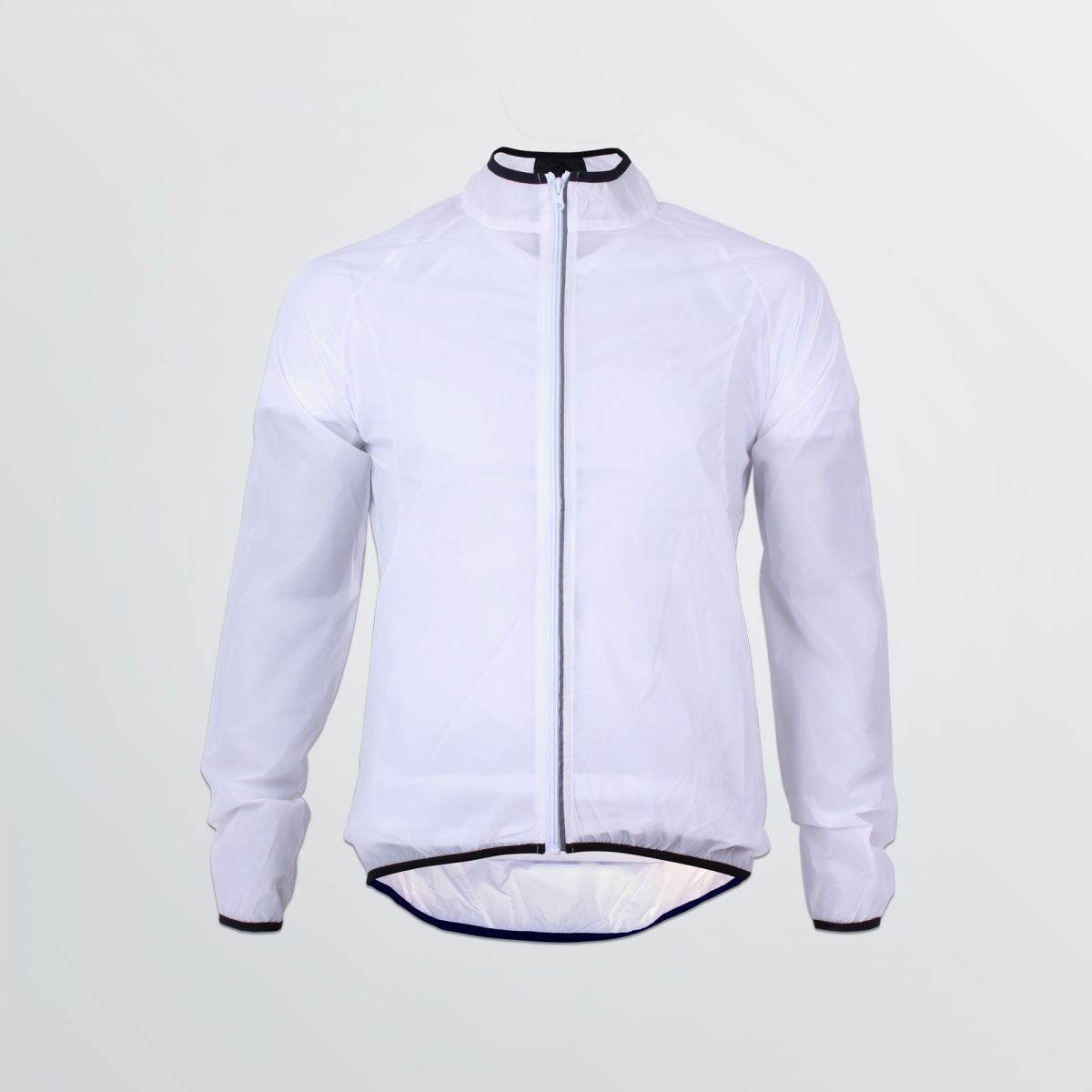 Windabweisende Basic Wind Jacket zum Individualisieren in weißer Beispielfarbe mit schwarz abgesetzten Bündchen - Frontansicht