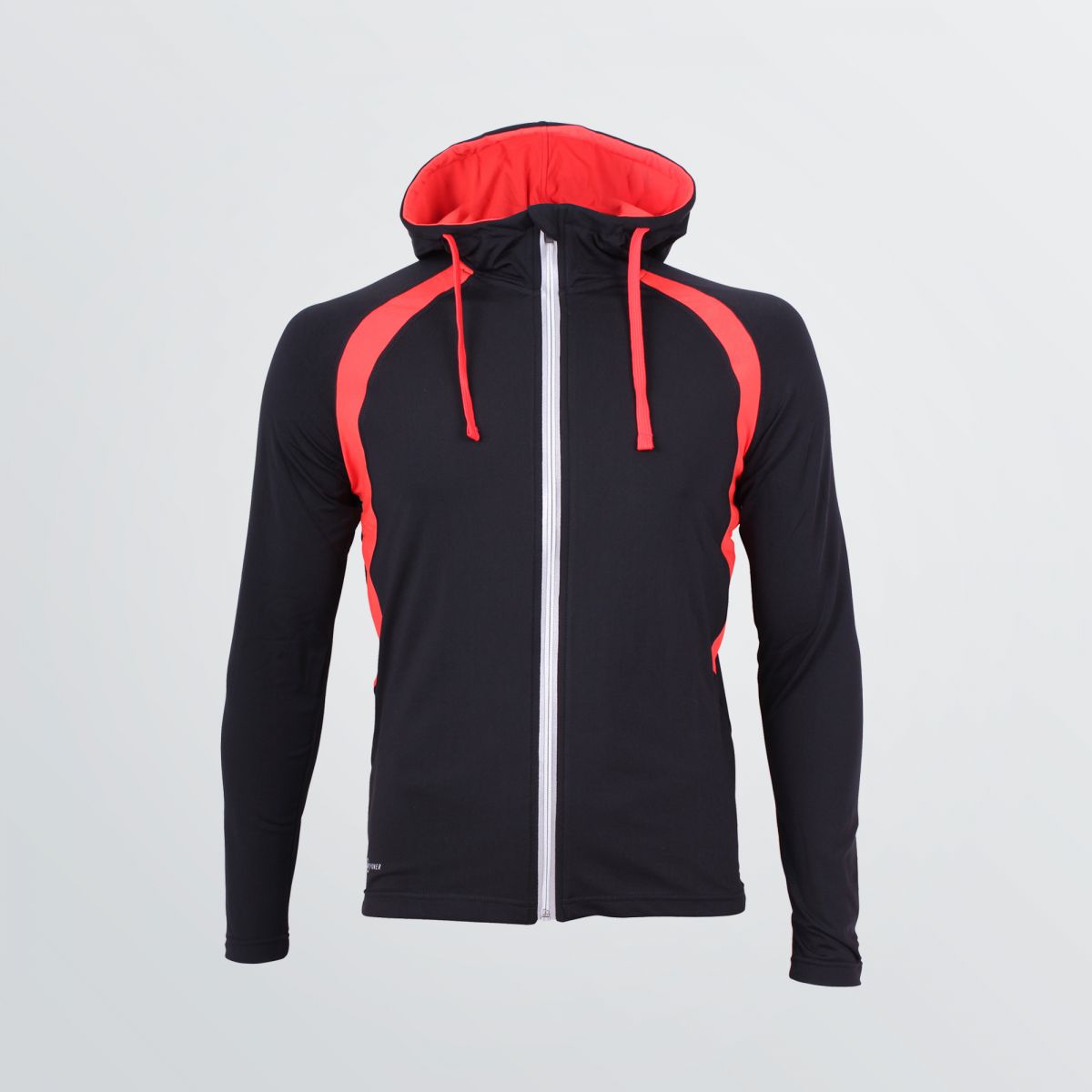 Leichtes Thermo Jacket zum Individualisieren als Produktbeispiel in schwarz mit roten Kordeln und Schultereinsätzen  - Frontansicht