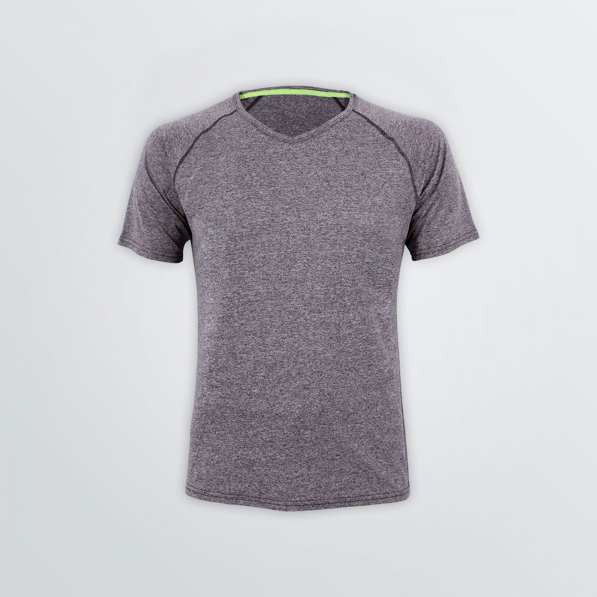Atmungsaktives Street Tech Shirt zum Individualisieren als Produktbeispiel grau-melange mit grünem Neckband - Frontansicht