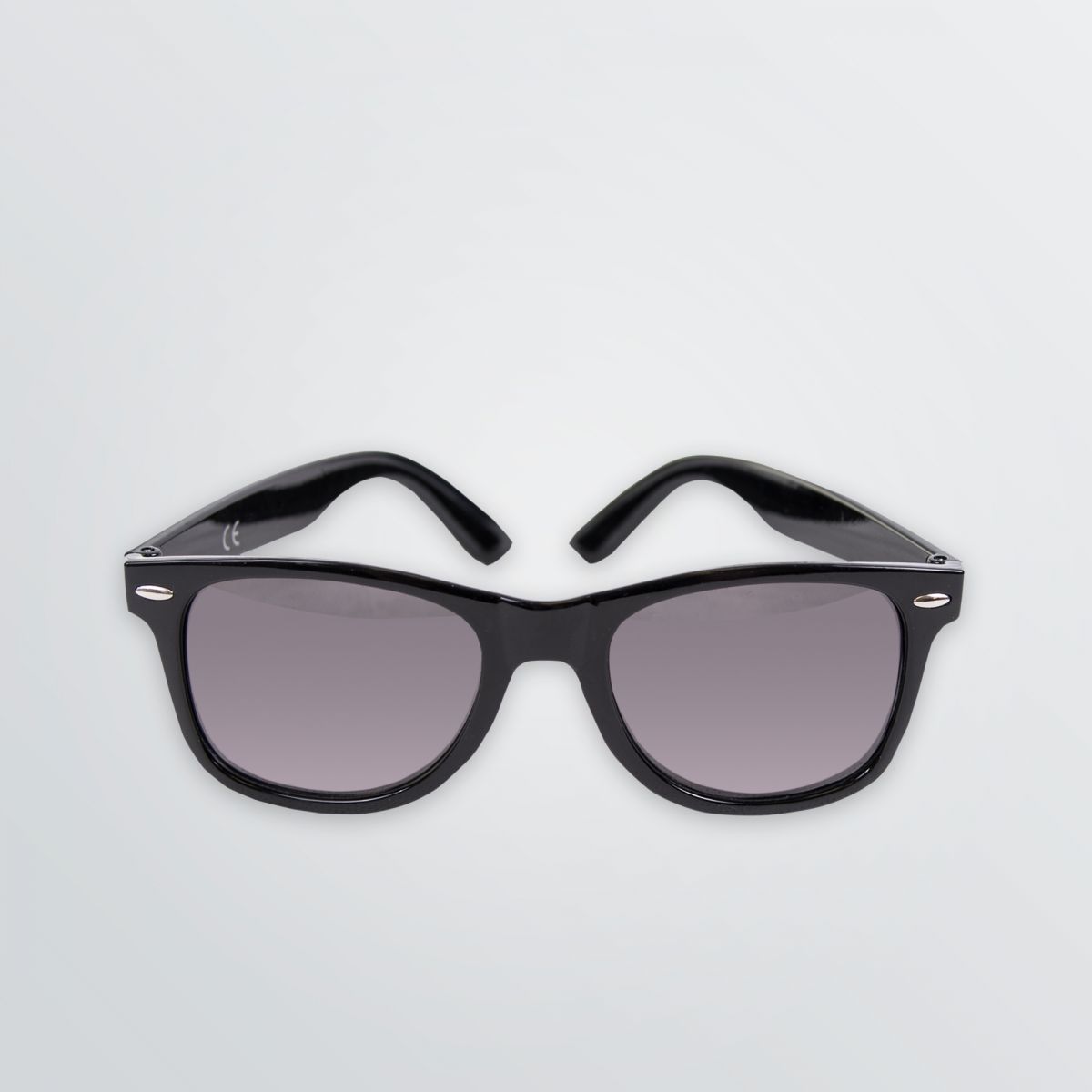 Sonnenbrille mit schwarzem Kunststoffgestell und getönten Gläsern zum Bedrucken