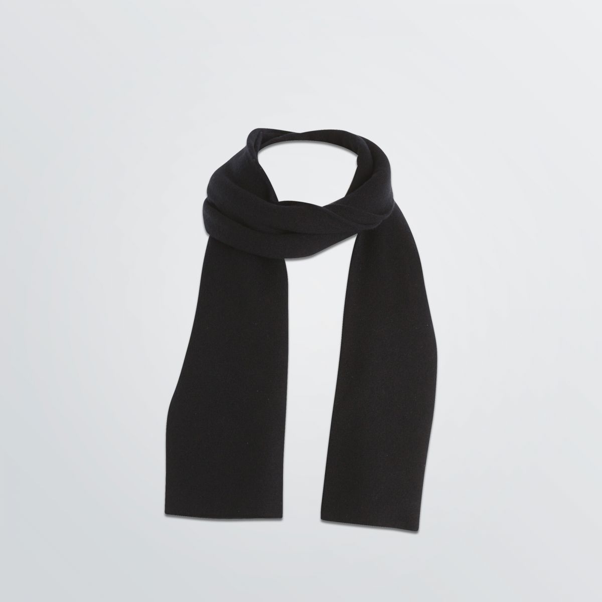 Individualisierbarer Basic Schal aus Wunschmaterial abgebildet in schwarzer Beispielfarbe einmal umwickelt