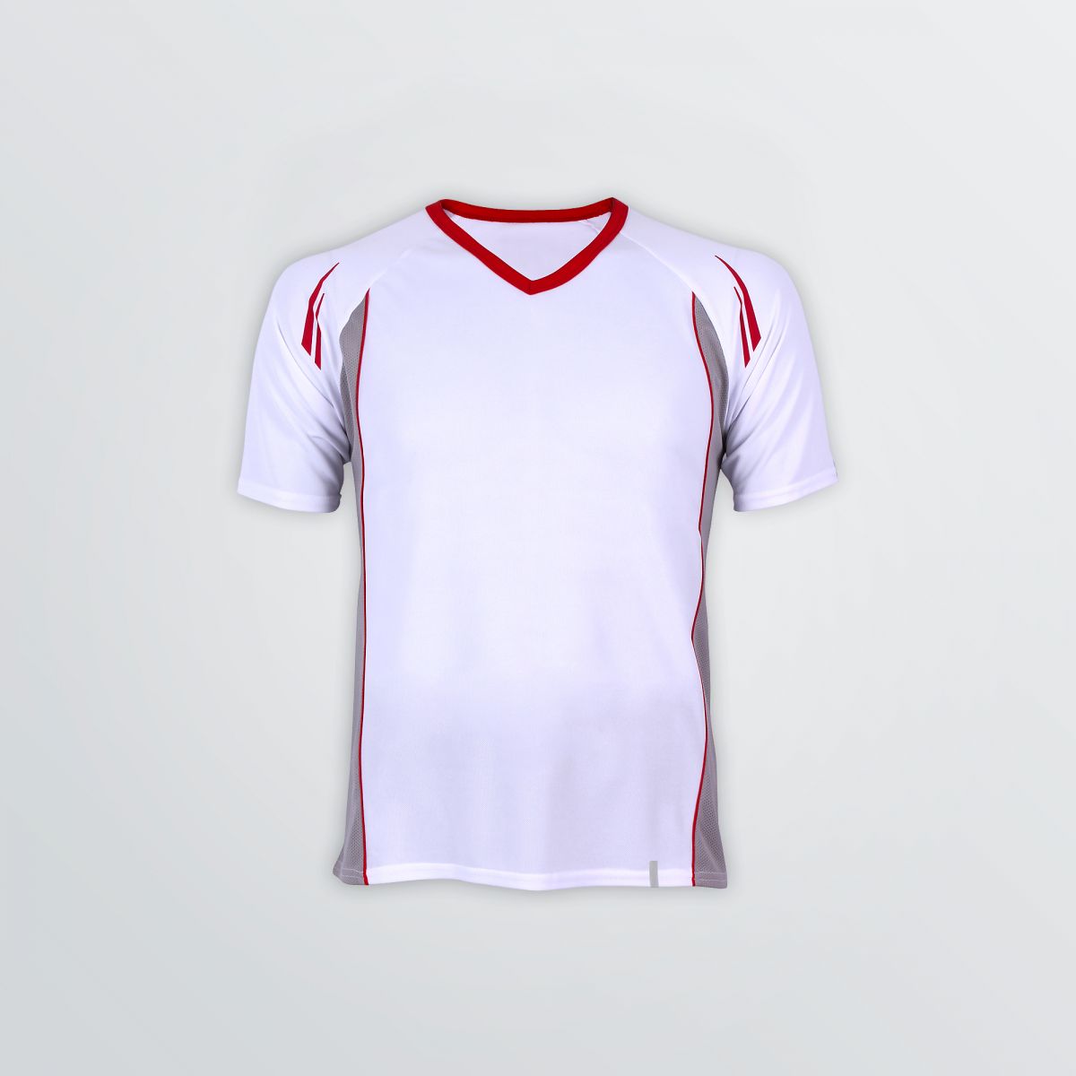 Atmungsaktives Club Tech Shirt zum Individualisieren als Produktbeispiel in weiß-rot und grauem Mesh-Seiteneinsatz - Frontansicht