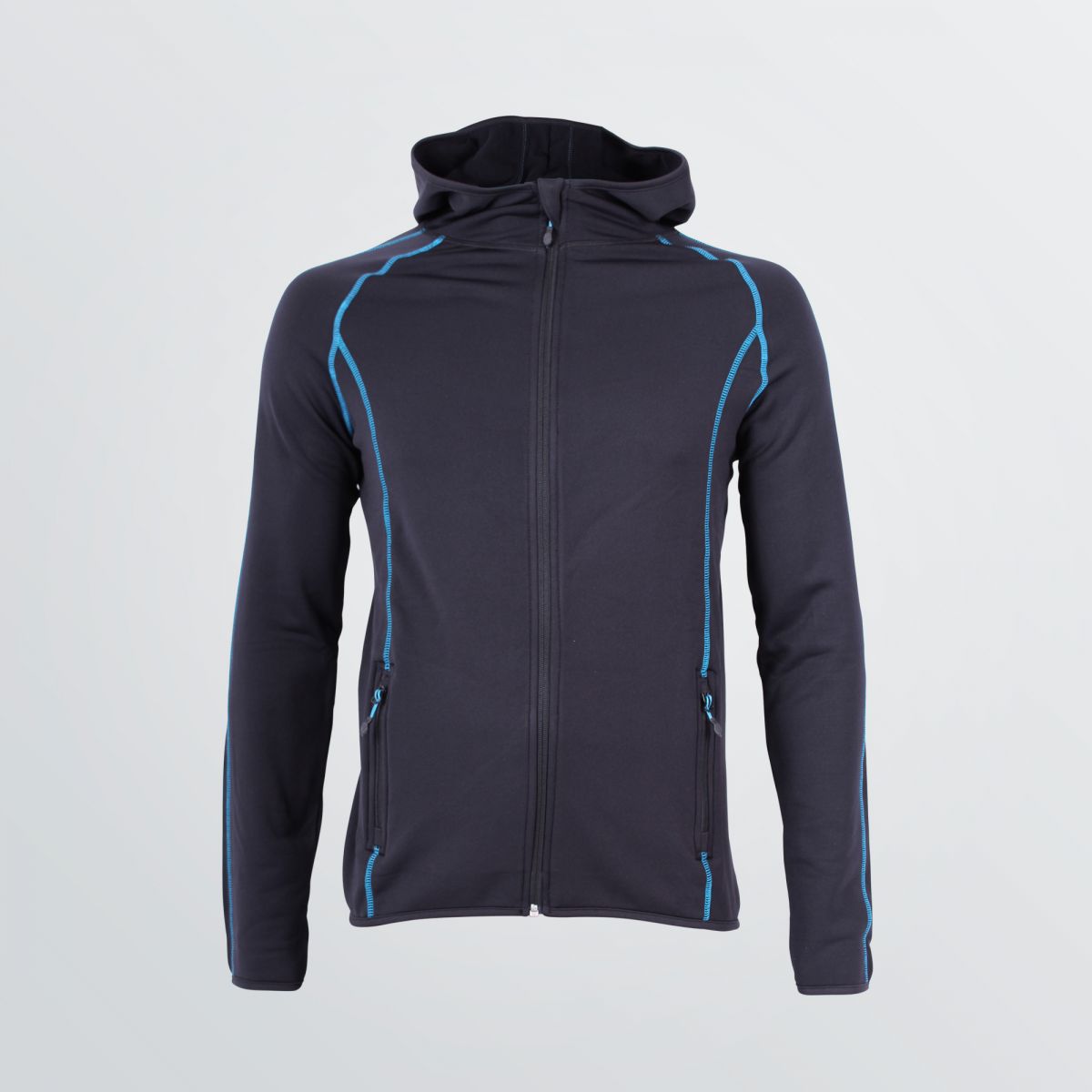 Space Jacket zum Individualisieren als Produktbeispiel im Herrenschnitt schwarzer Farbe und blauen Flatlocks  - Frontansicht