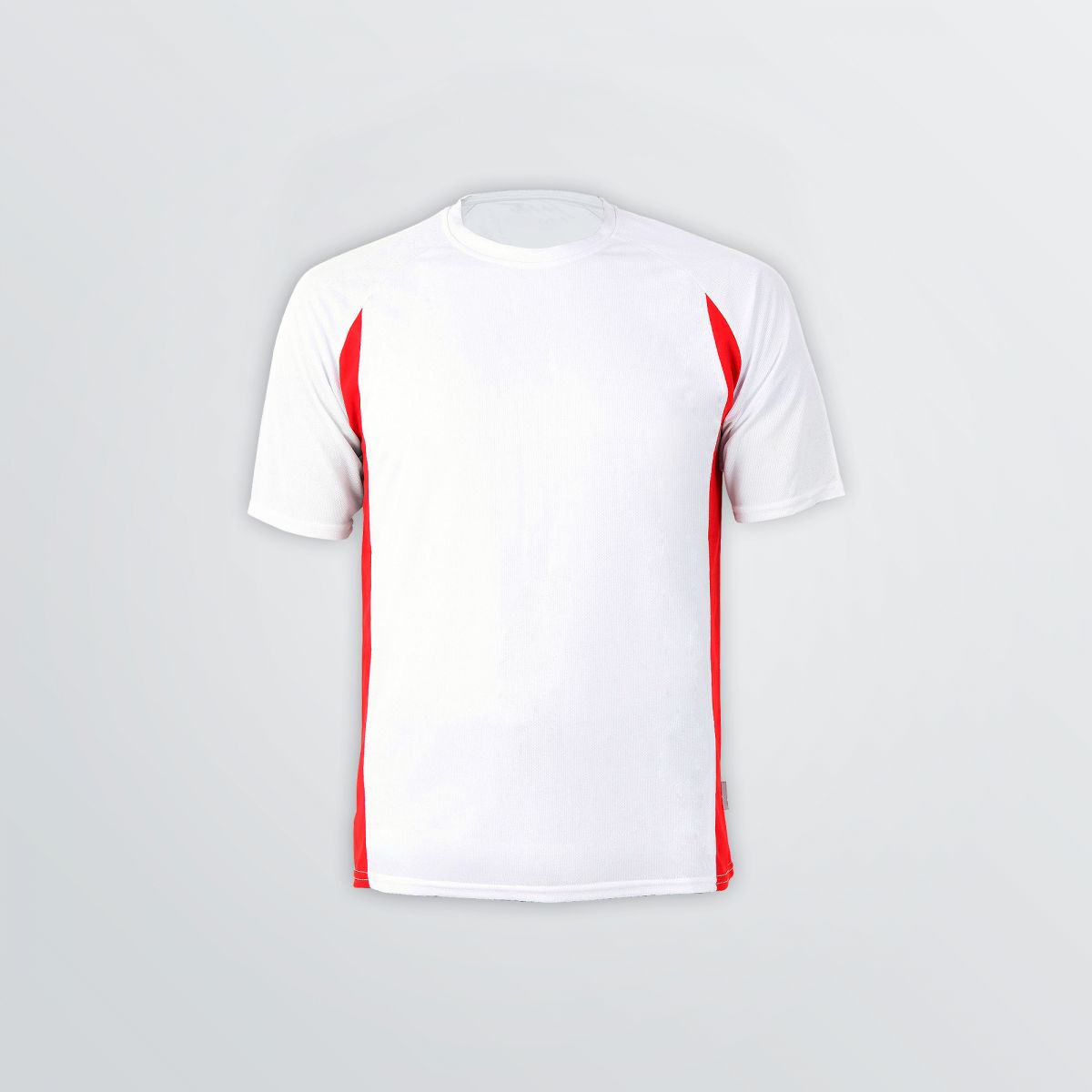 Individualisierbares Racer Tech Shirt aus Funktionsmaterial als Produktbeispiel in weiß mit roten Seiteneinsätzen - Frontansicht
