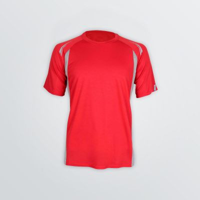 Bedruckbares Attack Tech Shirt aus Micropolyester-Materialmix in rot mit Reflektoren und grauem Mesh-Einsätzen - Frontansicht