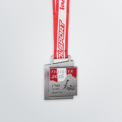 example of a square shaped medal in silver with individual embossing and strap