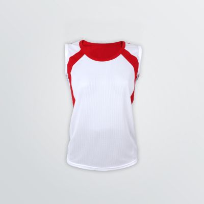 customisable Basic Tech Singlet made of functional material depicted as a product example in white with red panels on the sides