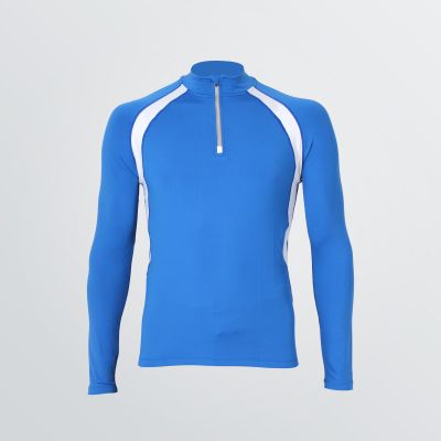 light weight Thermo Top for customisation depicted as a product example in blue with half-zipper and white colour accents on the shoulders - front view