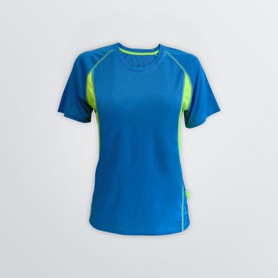 Winner Tech Shirt made of functional fabric for customisation as a product example in blue colour with green panels on the sides an flatlocks
