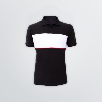 customisable workwear cotton polo depicted in black and white produc example with red piping without branding