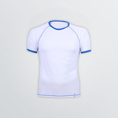breathable Match Tech Shirt with flatlocks for customisation in white colour example with blue flatlocks - front view 