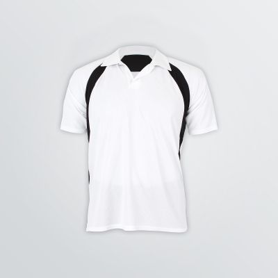 breathable Team Tech Polo for customisation depicted as a product example in white with black contrasting panels and button tape - front view