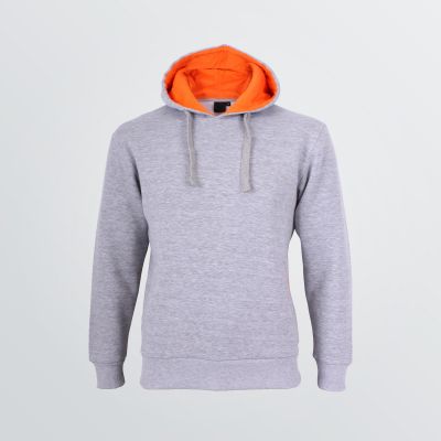 Basic Cotton Hoody zum Individualisieren als Produktbeispiel in grauer Farbe mit orangener Kapuzeninnenseite  - Frontansicht