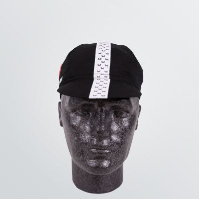 printable Bike Cap made of cotton depicted in black colour example with white logo stripe as well as print on the side - front view