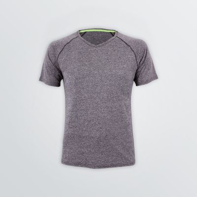 breathable Street Tech Shirt for customisation as a grey colour example with green neckband - front view