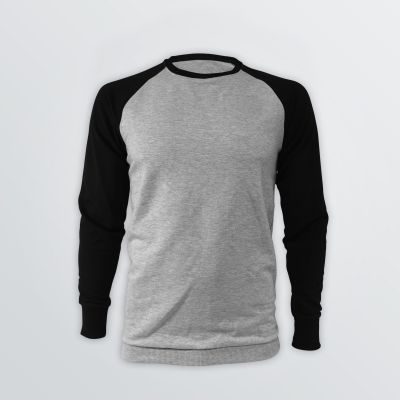Basic Cotton Sweater zum Individualisieren in grau mit abgesetzten schwarzen Ärmeln sowie Ripp-Bündchen - Frontansicht