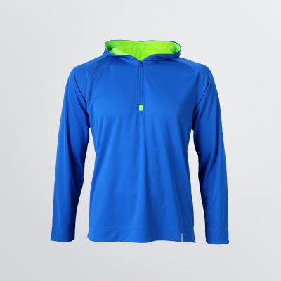sporty Basic Tech Shirt with half-zipper for customisation depicted as a product example in blue colour - front view