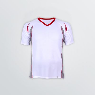 Atmungsaktives Club Tech Shirt zum Individualisieren als Produktbeispiel in weiß-rot und grauem Mesh-Seiteneinsatz - Frontansicht
