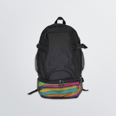 printable mesh backpack with filled mesh pocket in black colour - font view