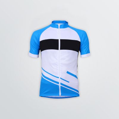 Bike Trikot als Vollsublimationsshirt aus Micropolyester als Produktbeispiel in blau-schwarz-weißem Design mit Full-Zipper - Frontansicht