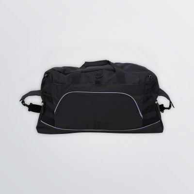 customisable team travelbag in black with white edging - front view 
