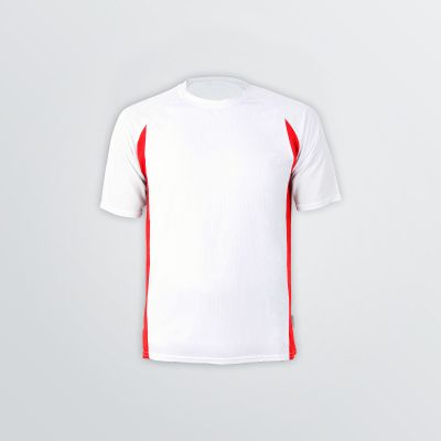 Individualisierbares Racer Tech Shirt aus Funktionsmaterial als Produktbeispiel in weiß mit roten Seiteneinsätzen - Frontansicht