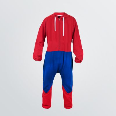 Cotton Jump Suit for customisation in red and blue colour example with hood - front view