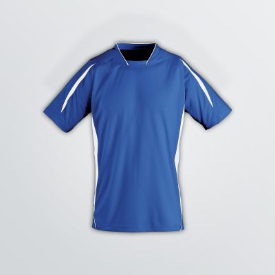 breathable Football Jersey for customisation depicted as a product example in blue colour with white coloured elements on the sleeves and sides